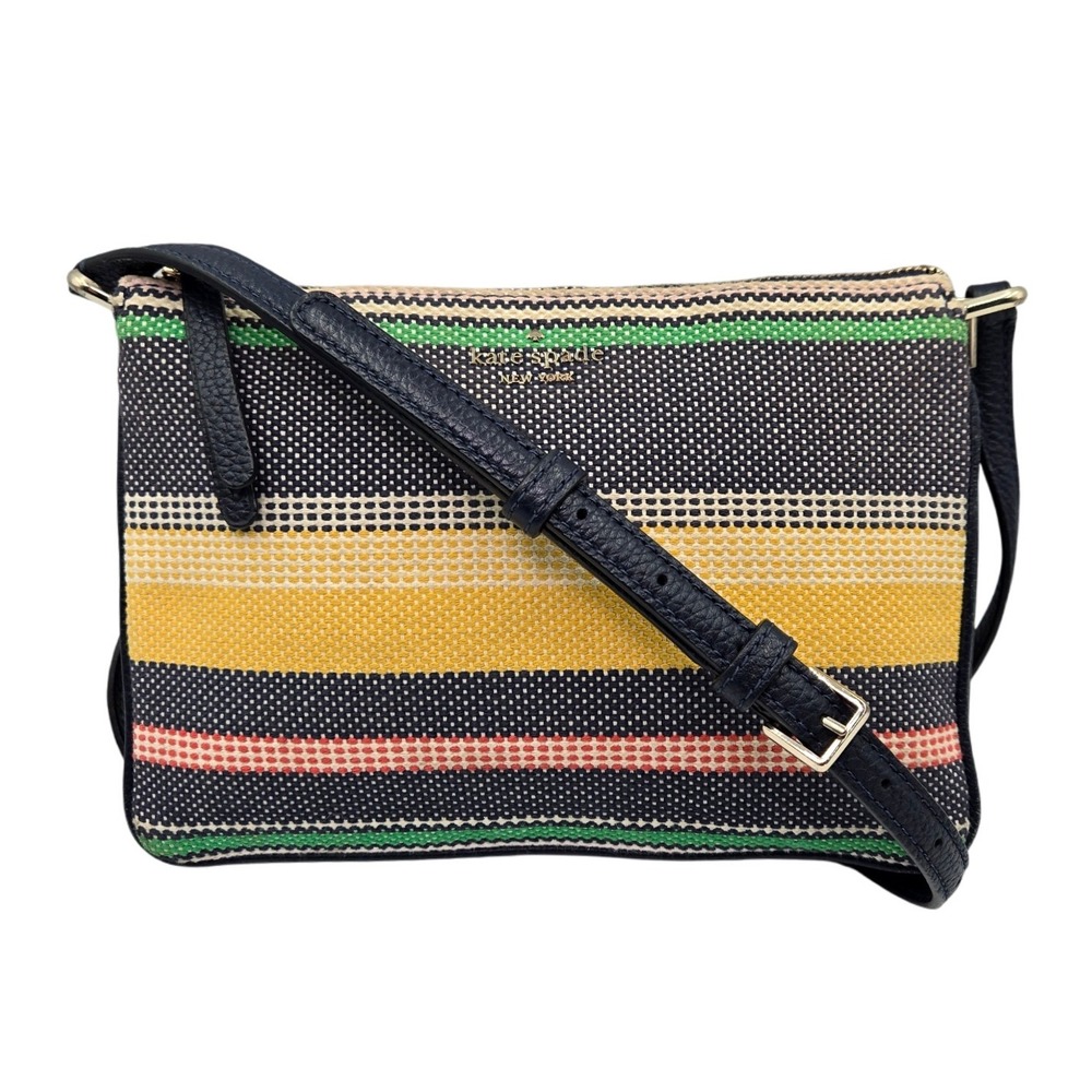 Kate Spade Striped Woven Crossbody Bag Navy Yellow Green Red Leather Strap